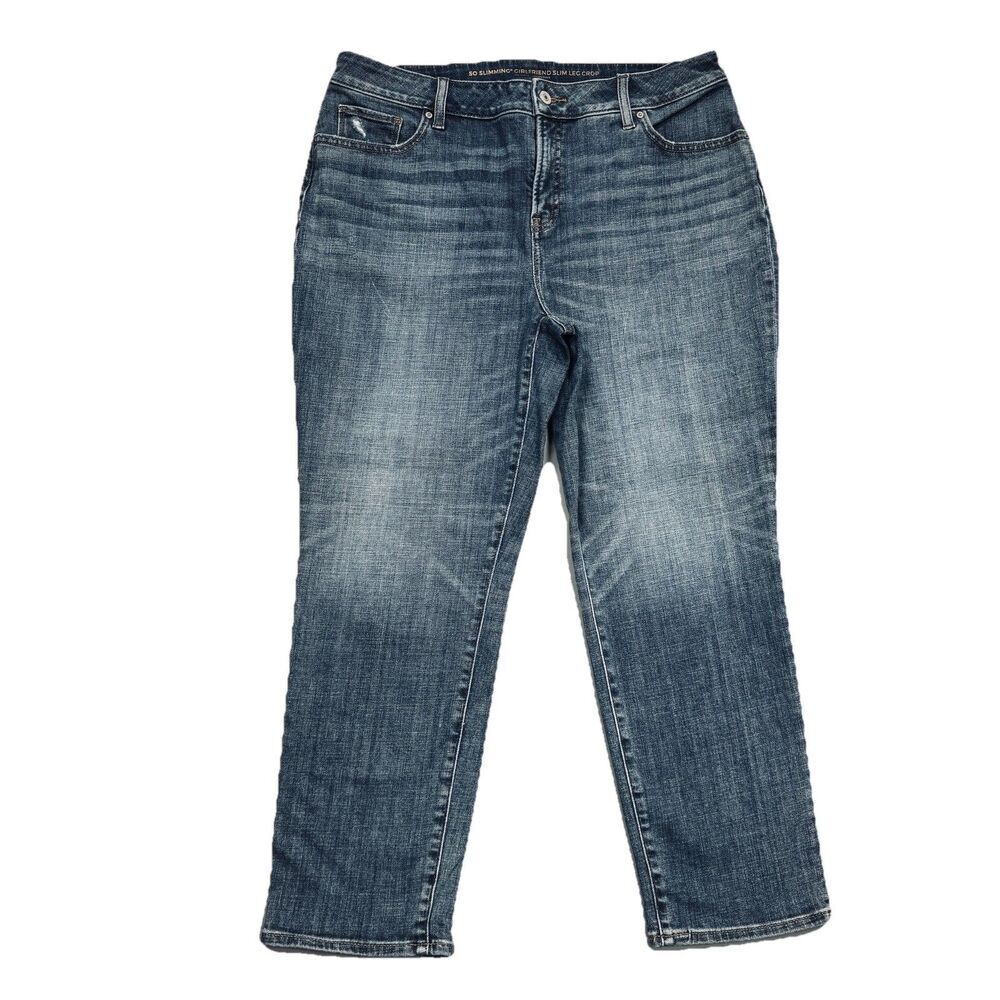 Chicos Girlfriend Slim Crop Jeans 12 (33x24) Blue Distressed Stretch Womens